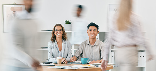 Image showing Team work, portrait or business people in a busy office working on administration, documents or paperwork. Motion blur, collaboration or employees meeting for sales growth strategy or happy smile