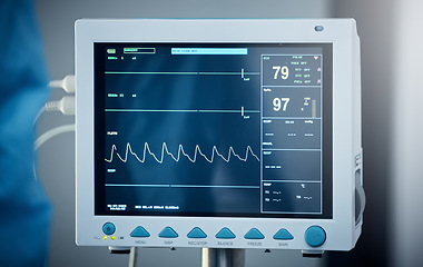 Image showing Healthcare, hospital and electrocardiogram monitor or screen. Medical tool, ecg equipment and heart rate device to measure pulse, heartbeat and electrical activity of heart for cardiovascular health.