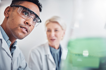 Image showing Face, doctors and beaker in laboratory for research, testing and analysis. Science, innovation and teamwork of man, senior woman and researchers with goggles looking at glass flask for experiment.