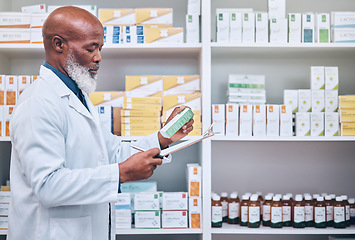 Image showing Black man pharmacist, checklist for pills in pharmacy and health, medicine inventory or fill up prescription in medical store. Healthcare, chemist with clipboard and black man does stock check.