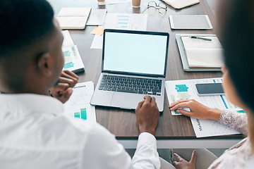 Image showing Business, screen and laptop for people, typing and digital marketing for campaign, online search and office. Computers, coworkers and web design for advertising planning, meeting schedule and mockup.