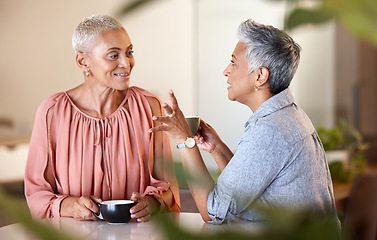 Image showing Senior women, friends and talking in cafe, having fun and bonding. Coffee shop, communication and retired elderly females drinking espresso, chatting and enjoying quality time together on weekend.