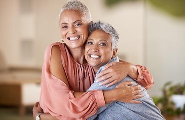 Image showing Portrait, senior women and friends hug, smile and bonding for break, relax and reunion. Retirement, females and ladies embrace, casual and loving together for quality time, friendship and happiness.