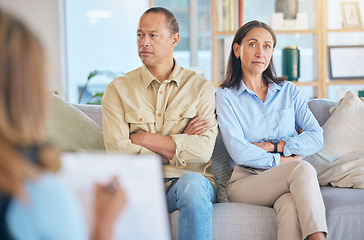 Image showing Divorce, therapy and couple consulting therapist for failed marriage. Counseling, consultation and portrait of angry and sad man and woman talking with psychologist for help to save relationship.