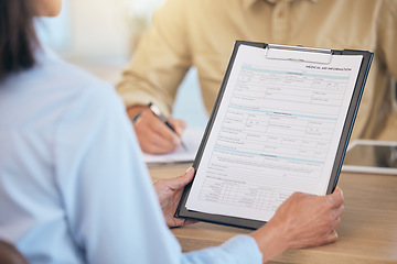 Image showing Medical documents, patient with clipboard and health with insurance and contract, healthcare paperwork with hands and checklist. Health insurance, reading document for health care and personal data.