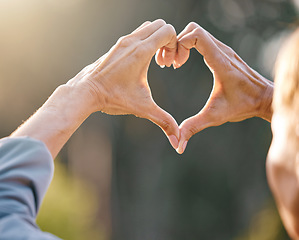 Image showing Hands, heart and people with a love sign in nature while on adventure, vacation or trip together. Freedom, romance and hand romantic gesture with shape emoji in the park, forest or woods on holiday.