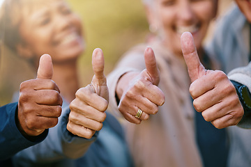 Image showing Hands, senior or thumbs up for fitness goals, workout target, or exercise challenge for wellness in nature. Motivation, success or happy healthy people with growth mindset and positive hand gesture