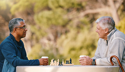 Image showing Chess, nature and retirement with senior friends playing a boardgame while bonding outdoor during summer. Park, strategy and game with a mature man and friend thinking about the mental challenge