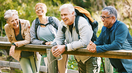 Image showing Elderly, people hiking and happy in park with fitness outdoor, relax on bridge while trekking in nature together. Health, wellness and hiker group, sport and active lifestyle motivation with cardio.