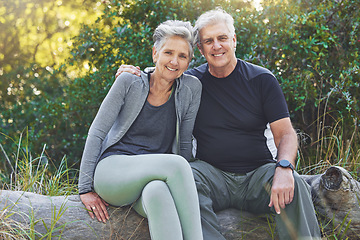 Image showing Fitness, portrait or old couple in nature for hiking workout, walking exercise or trekking on holiday vacation. Retirement, healthy or happy woman hugs or bonding with senior partner in a forest park