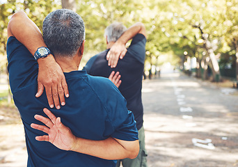 Image showing Fitness, elderly men and stretching in park, ready for running and exercise outdoor with hands and warm up back view. Body training, start run and sports motivation with mature runner and workout.