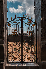 Image showing iron gate decorated with swastika symbols, Bali Indonesia