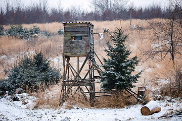 Image showing Wooden hunting tower in forest