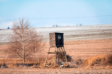 Image showing Wooden hunting tower in forest