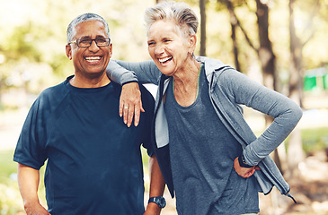 Image showing Fitness, funny or old couple of friends in nature laughing at a joke after training, walking or workout. Comic, support or happy senior woman bonding with elderly partner in interracial marriage