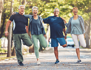 Image showing Senior friends, stretching exercise and park with smile, wellness and self care in summer sunshine. Elderly group of people, fitness and healthy workout with motivation for health, nature or teamwork