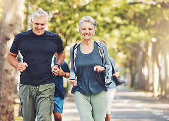 Image showing Senior runner group, park and fitness for smile, teamwork or motivation for wellness in summer sunshine. Happy elderly couple, friends or running team by trees for exercise, health or outdoor workout