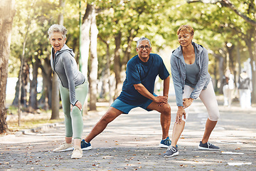 Image showing Exercise, man and women stretching, outdoor and workout for wellness, health or fitness. Group, male and females training, motivation and cardio for legs, body care or practice for marathon in nature