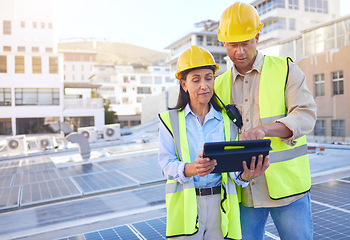 Image showing Engineer, man and woman with tablet for online research, schedule for building project and maintenance. Digital, people talking and construction worker with innovation, search internet and inspection