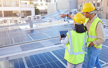 Image showing Engineer, back or woman with man, solar energy or sustainable power inspection. Technician, male or female for panels maintenance, eco friendly construction or agriculture for alternative electricity