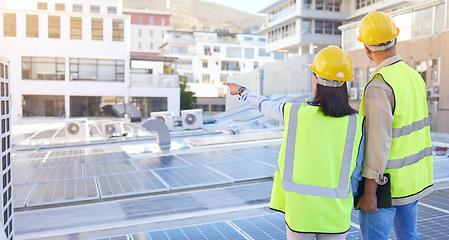 Image showing Engineer, back or woman with man, solar energy or sustainable power inspection. Technician, male or female for panels maintenance, eco friendly construction or agriculture for alternative electricity