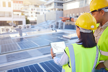 Image showing Engineer, back or woman with man, solar energy or sustainable power inspection. Technician, male or female for panels maintenance, eco friendly construction or agriculture for alternative electricity