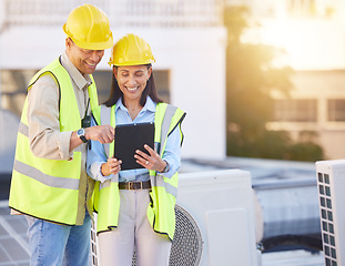 Image showing Engineer, man and woman with tablet for online research, schedule for building project and maintenance. Digital, people talking and construction worker with innovation, search internet and inspection