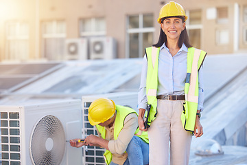 Image showing Air conditioner, building maintenance and teamwork with tablet, smile and development with engineer team. Engineering man, repair woman and digital tech in portrait with collaboration for ac repair