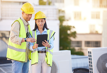 Image showing Engineer, man and woman with tablet for online research, schedule for building project and maintenance. Digital, people talking and construction worker with innovation, search internet and inspection