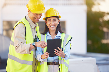 Image showing Engineer, man and woman with tablet for online research, schedule for building project and maintenance. Digital, people talking and construction worker with innovation, search internet and inspection