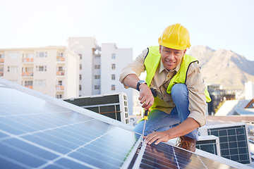 Image showing Engineer, solar panels and sustainability, eco friendly and solar energy with maintenance man and installation of renewable energy. Engineering, environment and building with innovation in portrait.