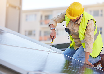 Image showing Engineer, man or solar panels for clean energy, maintenance for building or sustainability. Male technician, electrician or installation for alternative power, agriculture innovation or eco friendly