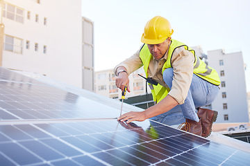 Image showing Engineer, man or solar panels for clean energy, maintenance for building or sustainability. Male technician, electrician or installation for alternative power, agriculture innovation or eco friendly