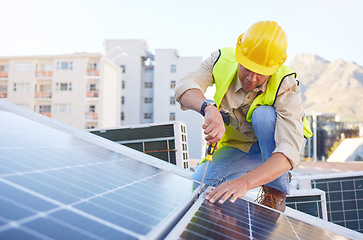 Image showing Engineer, man or solar panels for clean energy, maintenance for building or sustainability. Male technician, electrician or installation for alternative power, agriculture innovation or eco friendly