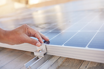 Image showing Engineer, hands and solar panel with maintenance, working and industry for renewable energy in sunshine. Working, solar energy and sustainability for future, clean power and photovoltaic electricity