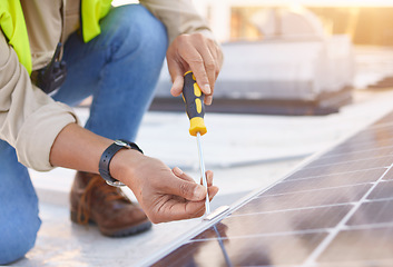 Image showing Engineer, man or solar panels for clean energy, maintenance for building or sustainability. Male technician, electrician or installation for alternative power, agriculture innovation or eco friendly