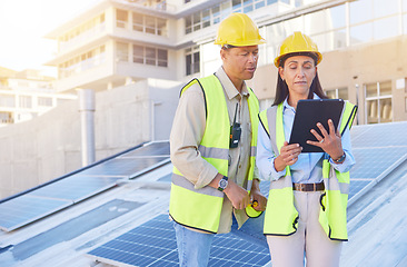 Image showing Engineer, man and woman with tablet for online research, schedule for building project and maintenance. Digital, people talking and construction worker with innovation, search internet and inspection