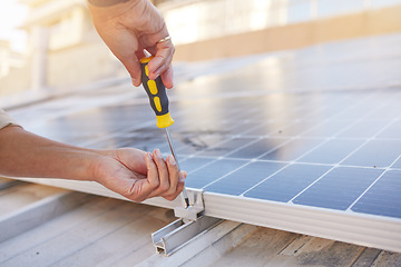 Image showing Engineer, hands and solar panel with maintenance, working and industry for renewable energy in sunshine. Working, solar energy and sustainability for future, clean power and photovoltaic electricity