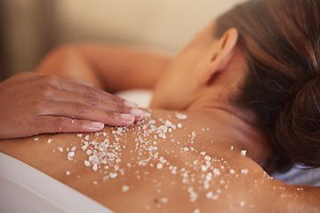 Image showing Skincare, spa and woman with salt, luxury and massage back at resort. Female enjoy scrubbing, lady and beauty salon to relax, health and dermatology for exfoliating, skin wellness and natural care.