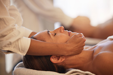 Image showing Woman massage with therapist hands, facial and reiki, peace and balance with cosmetic luxury service at wellness spa. Skincare, beauty and self care with stress relief, zen and calm with masseuse.