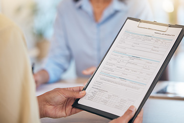 Image showing Medical documents, patient with clipboard and health with insurance and contract, healthcare paperwork with hands and checklist. Health insurance, reading document for health care and personal data.