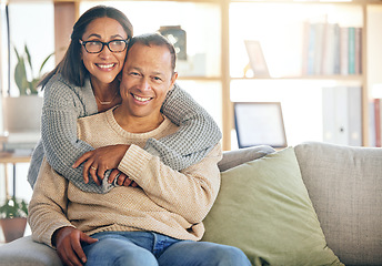 Image showing House, relax or mature couple hug on a lovely, peaceful or calm holiday vacation or weekend in Lisbon, Portugal. Portrait, support or happy woman enjoying quality bonding time with a senior partner