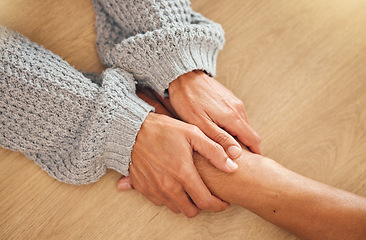 Image showing Love, support or couple holding hands with hope, trust and faith in a marriage partnership commitment. Wellness, zoom or calm people with empathy, kindness or care in counseling or therapy for help