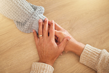 Image showing Love, support or couple holding hands with hope, trust and faith in a marriage partnership commitment. Wellness, zoom or calm people with empathy, kindness or care in counseling or therapy for help
