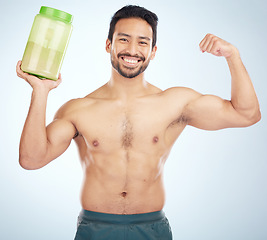 Image showing Fitness, studio or strong man with protein shake in training, exercise or body workout supplements for energy. Face portrait, mockup or healthy bodybuilder with bottle for muscle growth nutrition