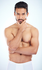 Image showing Fitness, portrait or man in underwear in studio with body goals on a white background with mockup space. Wellness, face or healthy model with motivation after training muscles, exercise or workout