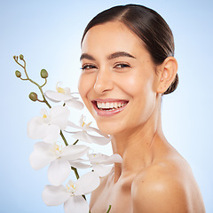 Image showing Beauty, flower and nature skincare with woman, skin and face care with cosmetics portrait, organic and glow. Sustainable makeup, natural shine and healthy facial treatment against studio background.