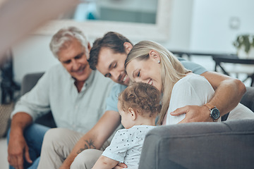 Image showing Family, love and together with generations in living room, happy with parents, child and grandfather in family home. Happy family, bonding and support, relax at home with quality time and happiness.
