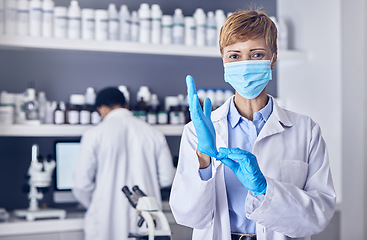 Image showing Covid, portrait or senior scientist in a laboratory working on biotechnology for medical healthcare innovation. Coronavirus, black woman or doctor in face mask or gloves helping with science research