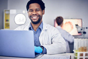 Image showing Portrait, scientist and black man with laptop, laboratory and research for healthcare. Male, researcher or science for medical diagnosis, cure and online analysis for data, sample and innovation tech